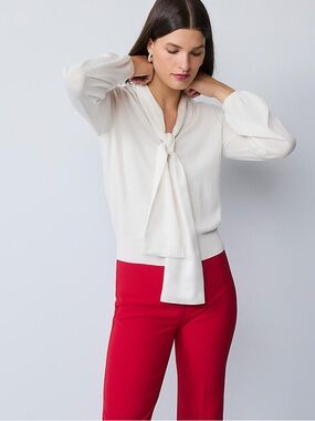 Ann Taylor Cream Tie-Neck Long Sleeve Blouse - Size L